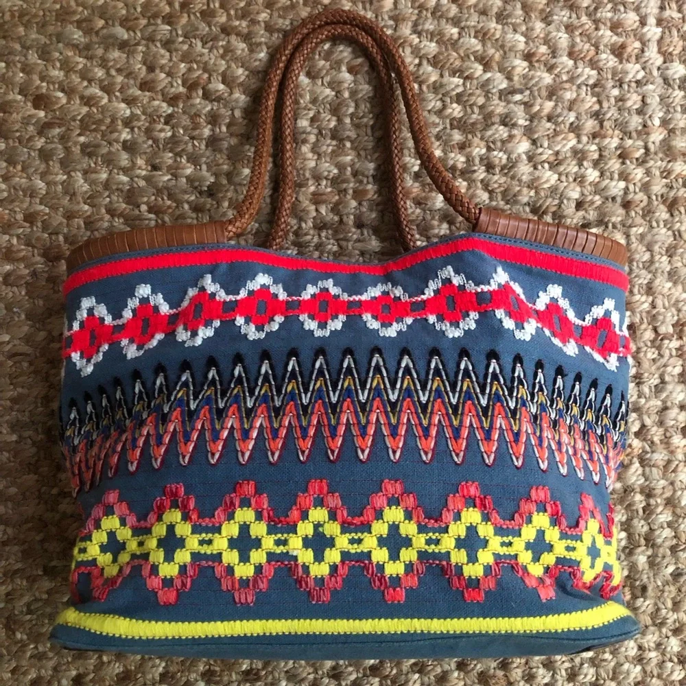 Tory Burch Taylor Aztec Linen Tote with Calf Leather.